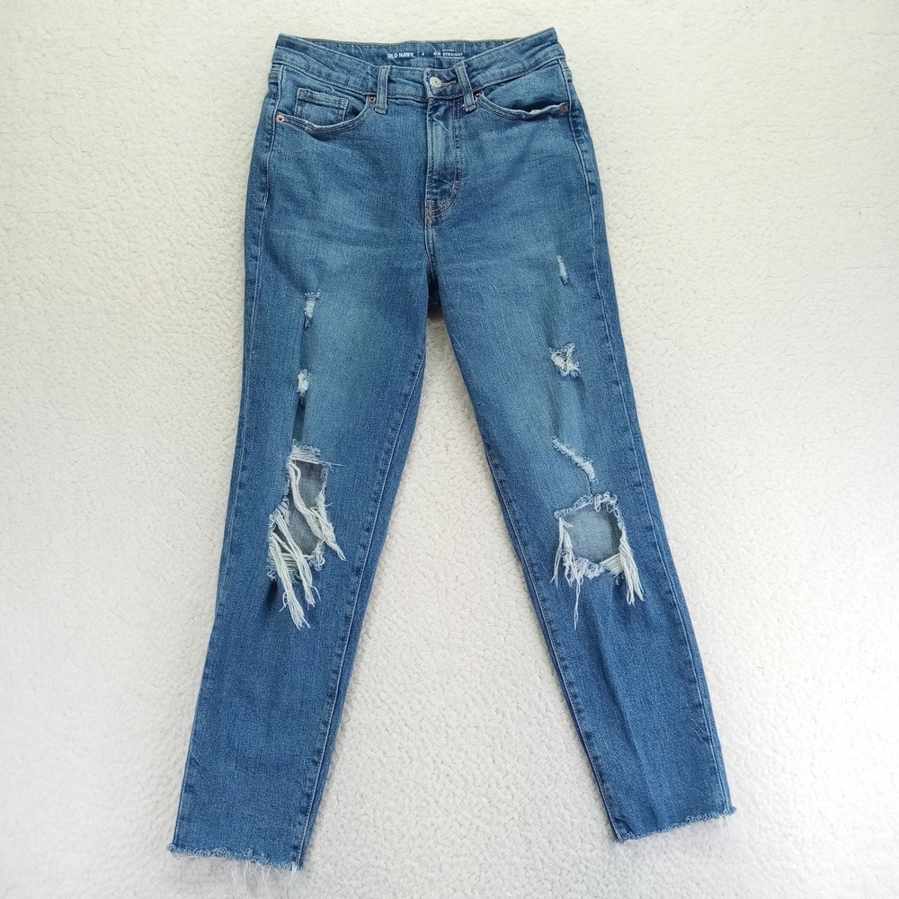 Old Navy OG Straight High Rise Distressed Jeans Medium Wash Raw Hem Womens 4